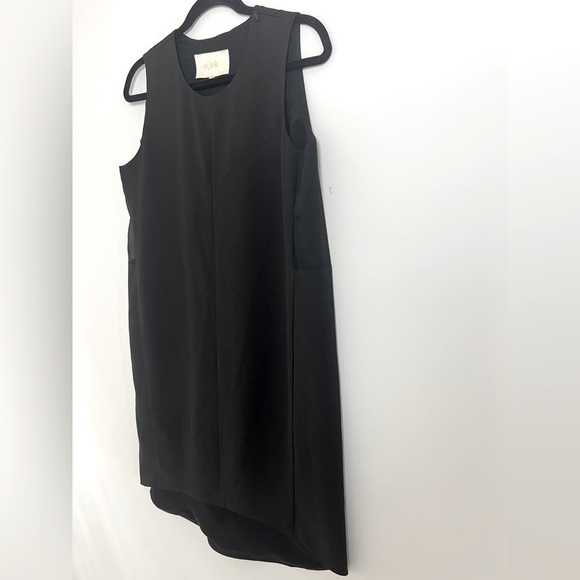 Aijek Black Minimalist Sheer Panel Sleeveless Hi-Lo Hem Knee Length Shift Dress - Picture 9 of 13